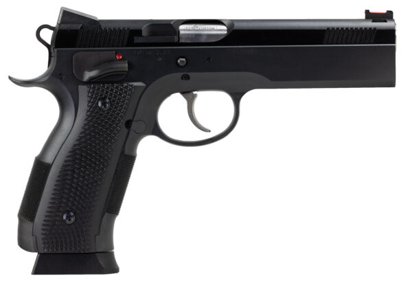 CZ-USA 91731 A01-LD Custom Full Size Frame 9mm Luger 19+1, 4.93" Black Match Grade Bull Steel Barrel, Blued Serrated Steel Slide & Frame w/Beavertail, Black Checkered Grip, Ambidextrous