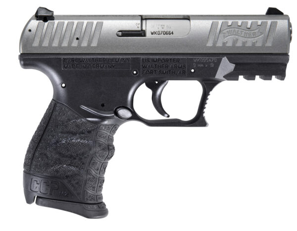 Walther Arms 5083501 CCP M2 + 9mm Luger 8+1 3.54" Barrel, Black Finish Picatinny Rail Frame, Serrated Sliver Stainless Steel Slide, Finger Grooved Polymer Grip