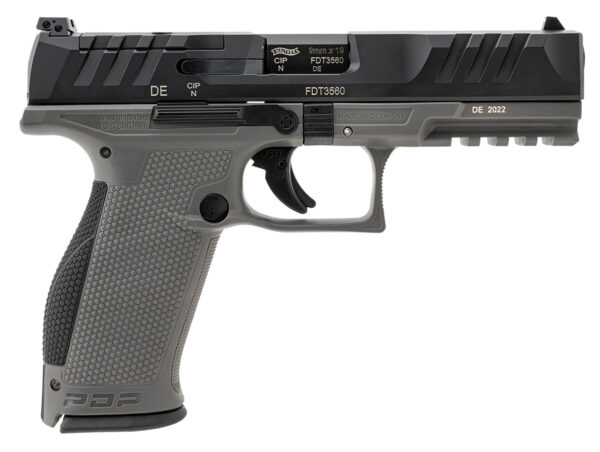 Walther Arms 2858371 PDP  9mm Luger 18+1 4.50" Black Polygonal Rifled Barrel, Black Optic Ready/Serrated Slide, Gray Polymer Frame w/Picatinny Rail, Black Performance Duty Texture Grips, Ambidextrous