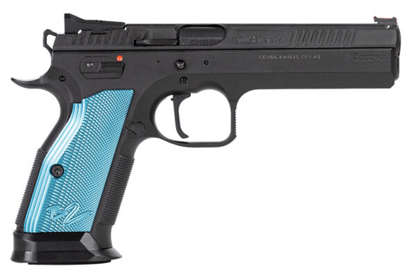CZ-USA 91222 TS 2  40 S&W 17+1 5.28" Black Steel Barrel, Black Serrated Steel Slide, Black Polycoat Steel Frame w/Beavertail, Blue Checkered Aluminum Grip, Ambidextrous