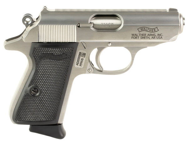 Walther Arms 4796022 PPK/S  32 ACP 7+1 3.30" Stainless Steel Barrel, Matte Stainless Serrated Slide & Frame w/Beavertail, Black Checkered Polymer Grip, Right Hand