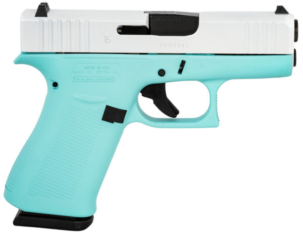 Glock UX4350204REBFPWS G43X  Sub-Compact Frame 9mm Luger 10+1 3.41" Black GMB Barrel, Pearl White Cerakote Serrated Steel Slide, Robin Egg Blue Cerakote Polymer Frame w/Beavertail,  Ambidextrous