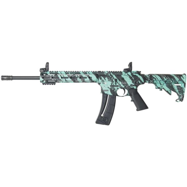 SMITH & WESSON M&P15-22 SPORT ROBIN'S EGG BLUE PLATINUM FINISH WITH 25 ROUND MAGAZINE LEFT SIDE VIEW