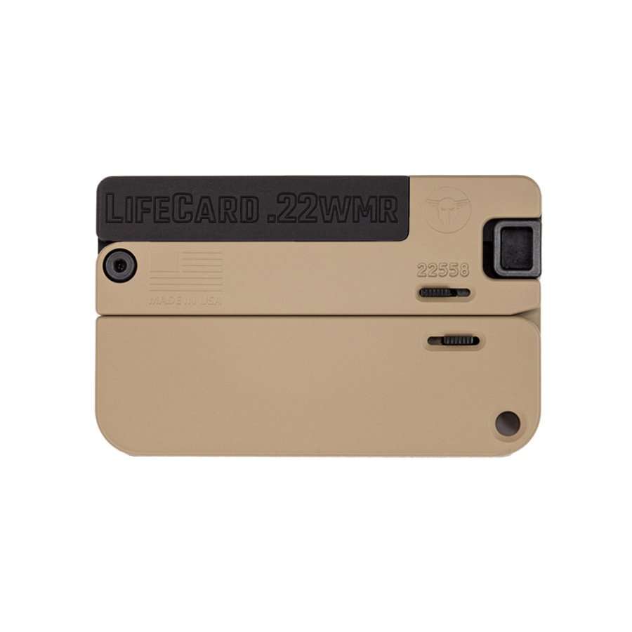 TRAILBLAZER FIREARMS LIFECARD MCMILLAN TAN .22 LR PICTURED OPEN AND CLOSED LEFT SIDE VIEW