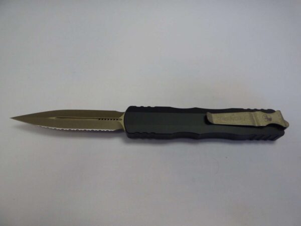 MICROTECH DIRAC DELTA DOUBLE EDGED BRONZED APOCALYPTIC FULL SERRATED CLIP SIDE