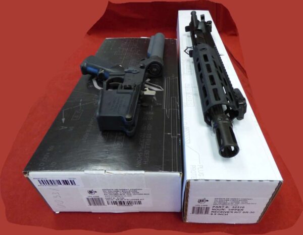 KNIGHTS ARMANENT CO SR-30 IWS PISTOL KIT WITH SR-30 9.5" COMPLETE QDC UPPER FRONT VIEW WITH LABELS ON PACKAGING