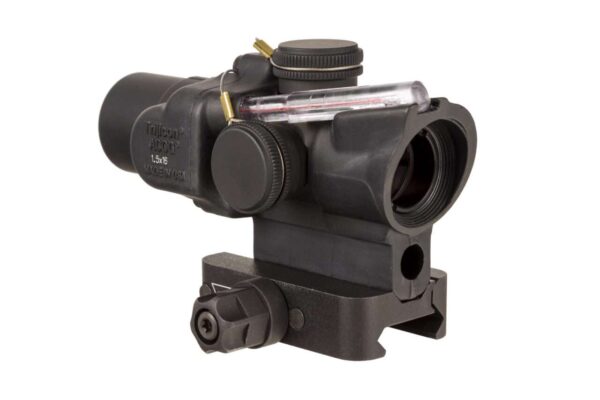 TRIJICON 1.5x16S COMPACT ACOG SCOPE DUAL ILLUMINATED RTR 223 RETICLE W/ Q-LOC MOUNT RIGHT SIDE VIEW FRONT ANGLE