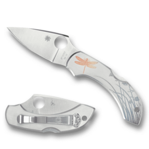 SPYDERCO DRAGONFLY STAINLESS TATTOO CLOSED AND OPEN WITH TIP ANGLED LEFT AND EDGE FACING DOWN