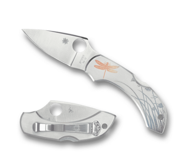 SPYDERCO DRAGONFLY STAINLESS TATTOO CLOSED AND OPEN WITH TIP ANGLED LEFT AND EDGE FACING DOWN