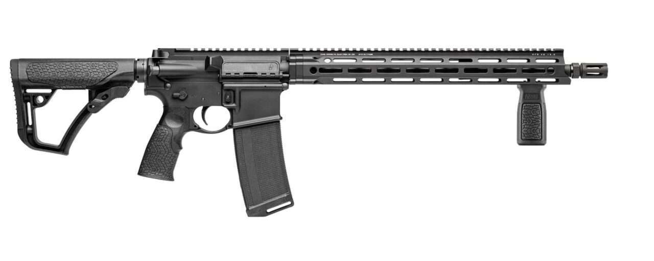 daniel defense ddm4 v7 black with vertical grip and 32 round magazine left side view