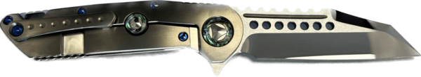 MICROTECH MARFIONE CUSTOM WARHOUND M390 MIRROR BLADE SATIN TITANIUM HANDLE W/ ABALONE INLAY BLUE TITANIUM HARDWARE EDGE DOWN TIP FACING RIGHT HANDLE WITH LOCKING MECHANISM