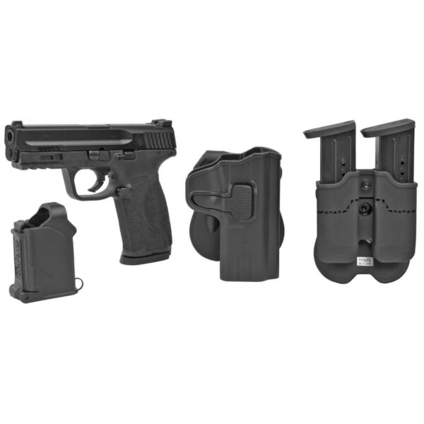SMITH AND WESSON M&P9 M2.0 CARRY RANGE KIT LEFT SIDE VIEW WITH HOLSTER, DUAL MAGAZINE HOLSTER AND UPLULA MAGAZINE LOADER