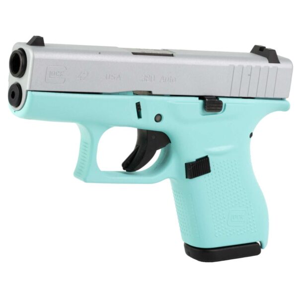 GLOCK 42 US ROBINS EGG BLUE CRUSHED SILVER .380ACP LEFT SIDE VIEW FRONT ANGLE