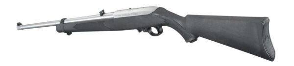 RUGER 10/22 STAINLESS WITH BLACK SYNTHETIC STOCK LEFT SIDE VIEW REAR ANGLE
