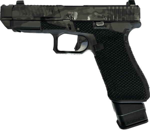 AGENCY ARMS GLOCK 45 SAGE DYNAMICS IOS V2 BLACK MULTICAM WITH +5 MAGAZINE EXTENSION 9MM LEFT SIDE VIEW