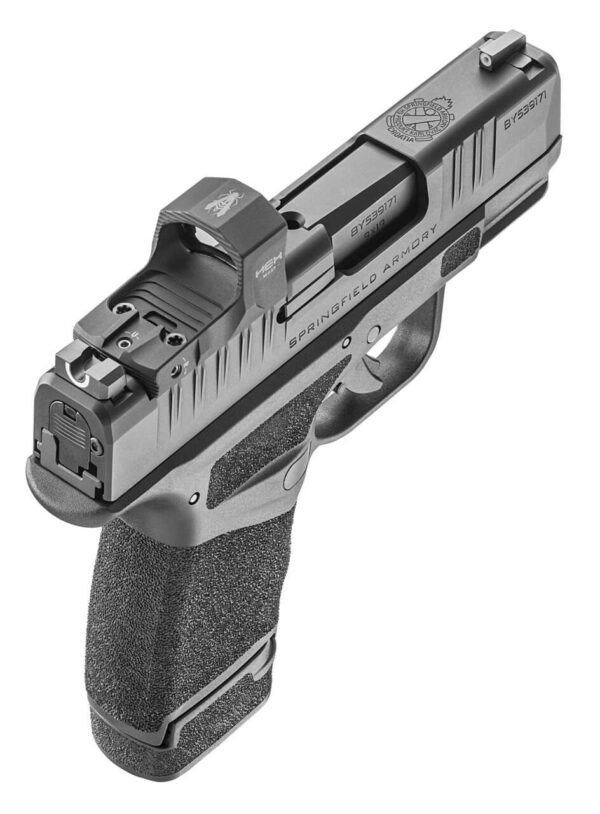 SPRINGFIELD ARMORY HELLCAT OSP WITH WASP OPTIC TOP RIGHT SIDE BACK ANGLE VIEW EXTENDED MAGAZINE