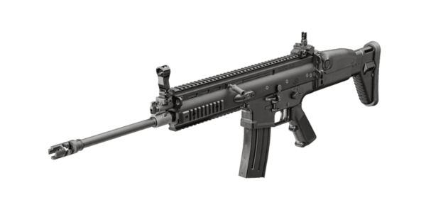 FN HERSTAL SCAR 16 S NON RECIPROCATING CHARGE HANDLE TOP LEFT SIDE VIEW FRONT ANGLE