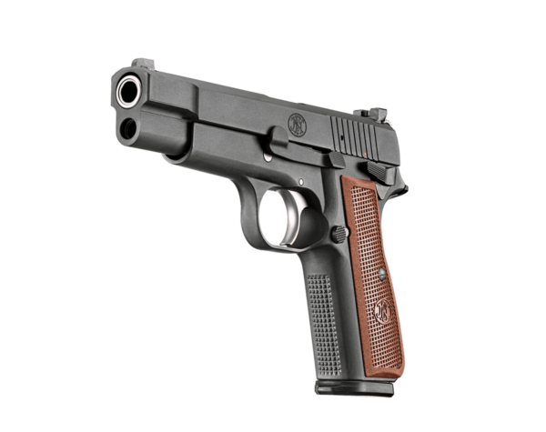 FN HIGH POWER BLACK WITH TAN GRIPS BOTTOM LEFT SIDE VIEW FRONT ANGLE