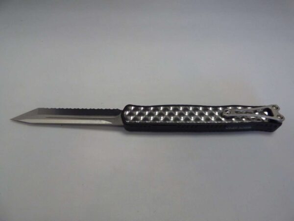 HERETIC KNIVES CLERIC II TANTO EDGE STAINLES STEEL INLAY STONEWASH FULL SERRATED BLADE EDGE UP