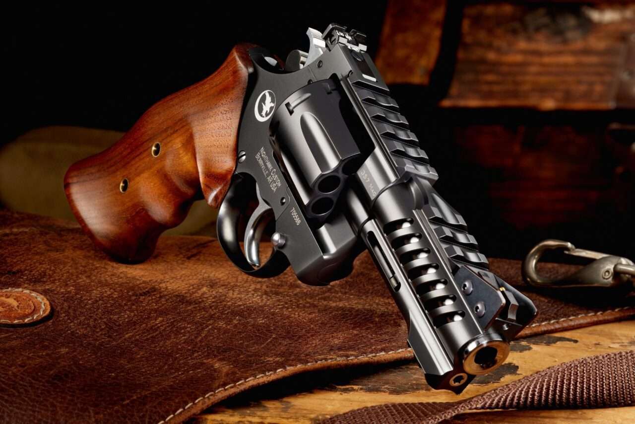 KORTH NXS 8-SHOT .357 MAGNUM 4" W/ 9MM CYLINDER RIGHT SIDE VIEW FRONT ANGLE