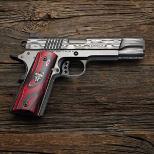 CABOT GUN OF THE MONTH 2023 JUNE 1911 BEDSIDE DEMON 9MM RIGHT SIDE VIEW TOP ANGLE IN CASE BOOK
