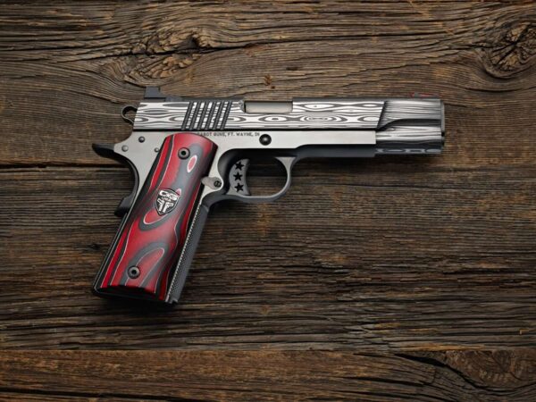 CABOT GUN OF THE MONTH 2023 JUNE 1911 BEDSIDE DEMON 9MM RIGHT SIDE VIEW TOP ANGLE IN CASE BOOK