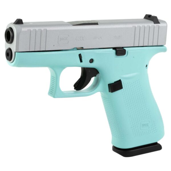 GLOCK 43X US SKYDAS CERAKOTE ROBIN EGG BLUE FRAME CRUSHED SILVER SLIDE 9MM LEFT SIDE VIEW FRONT ANGLE