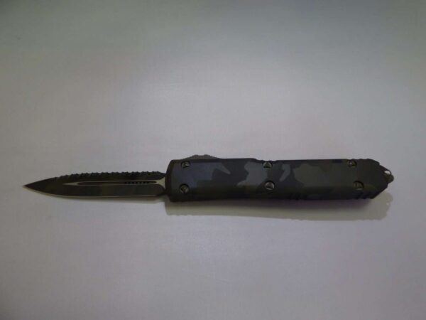 MICROTECH ULTRATECH DOUBLE EDGED SIGNATURE SERIES OLIVE CAMO FULL SERRATED LABEL
