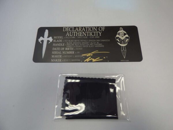 Microtech halo iii mini marfione custom declaration of authenticity with microfiber cleaning cloth