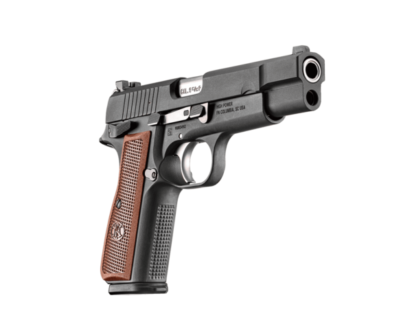 FN HIGH POWER BLACK WITH BLACK GRIPS BOTTOM RIGHT SIDE VIEW FRONT ANGLE