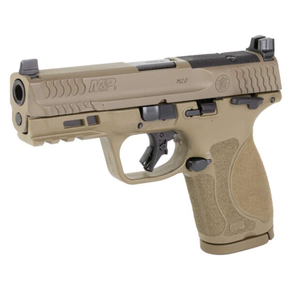 SMITH & WESSON M&P9 2.0 4" OPTIC READY THUMB SAFETY FLAT DARK EARTH COMPACT 9MM LEFT SIDE VIEW FRONT ANGLE
