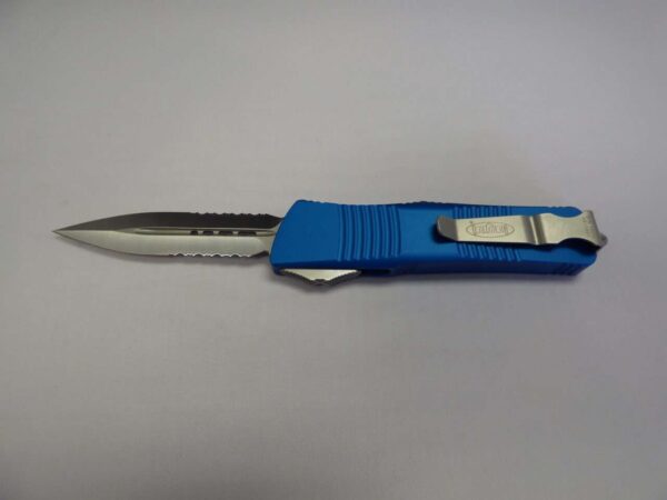 MICROTECH TROODON DOUBLE EDGED BLUE SATIN PARTIAL SERRATED CLIP SIDE