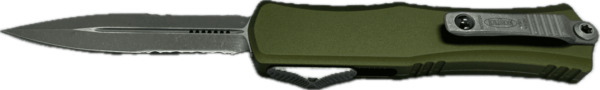 MICROTECH KNIVES MINI HERA II DOUBLE EDGE OD GREEN PARTIAL SERRATED APOCALYPTIC BOX/LABEL