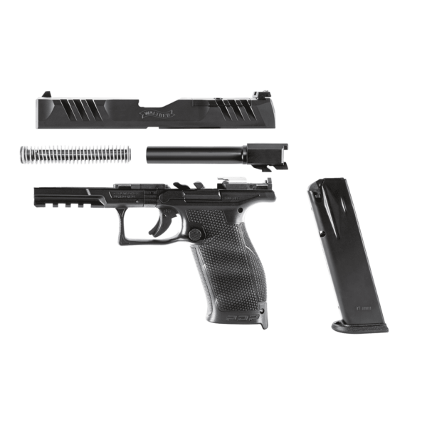 WALTHER PDP FULL-SIZE 4.5" LEFT SIDE VIEW TAKEN APART, BARREL, RECOIL SPRING/GUIDE ROD, SLIDE, FRAME AND MAGAZINE SHOWN