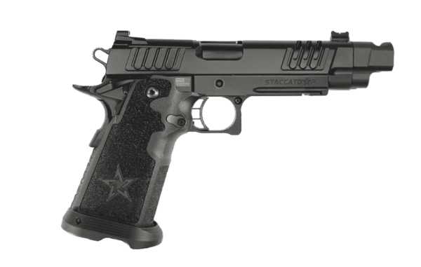 STACCATO P DPO X SERIES SERRATIONS DLC THREADED BARREL WITH ICE COMPENSATOR ALLOY FRAME TAC TEXTURE GRIP 9MM RIGHT SIDE VIEW