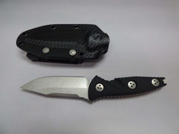 MICROTECH SOCOM ALPHA MINI SINGLE EDGED STONE WASH STANDARD WITH BELT CLIPPED KYDEX SHEATH  EDGE UP