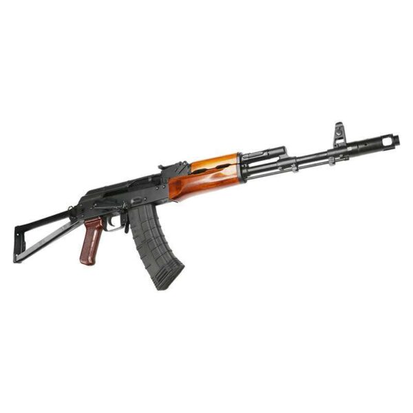 RILEY DEFENSE RAK74-C-SF TEAK WOOD TRIANGLE SIDE FOLDING STOCK 5.45X39 BOTTOM RIGHT SIDE VIEW FRONT ANGLE