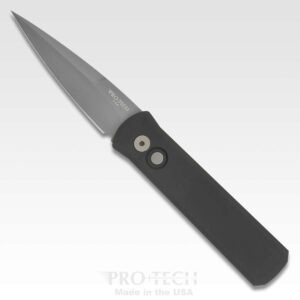 PROTECH GODSON AUTO FOLDER PLAIN SOLID BLACK HANDLE BEAD BLAST BLADE LEFT SIDE VIEW TIP UP EDGE DOWN