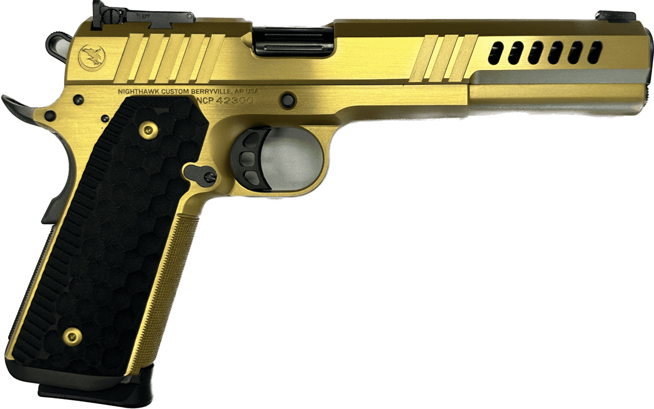 NIGHTHAWK CUSTOM CHAIRMAN LONG SLIDE GOLD 6" 9MM LEFT SIDE VIEW