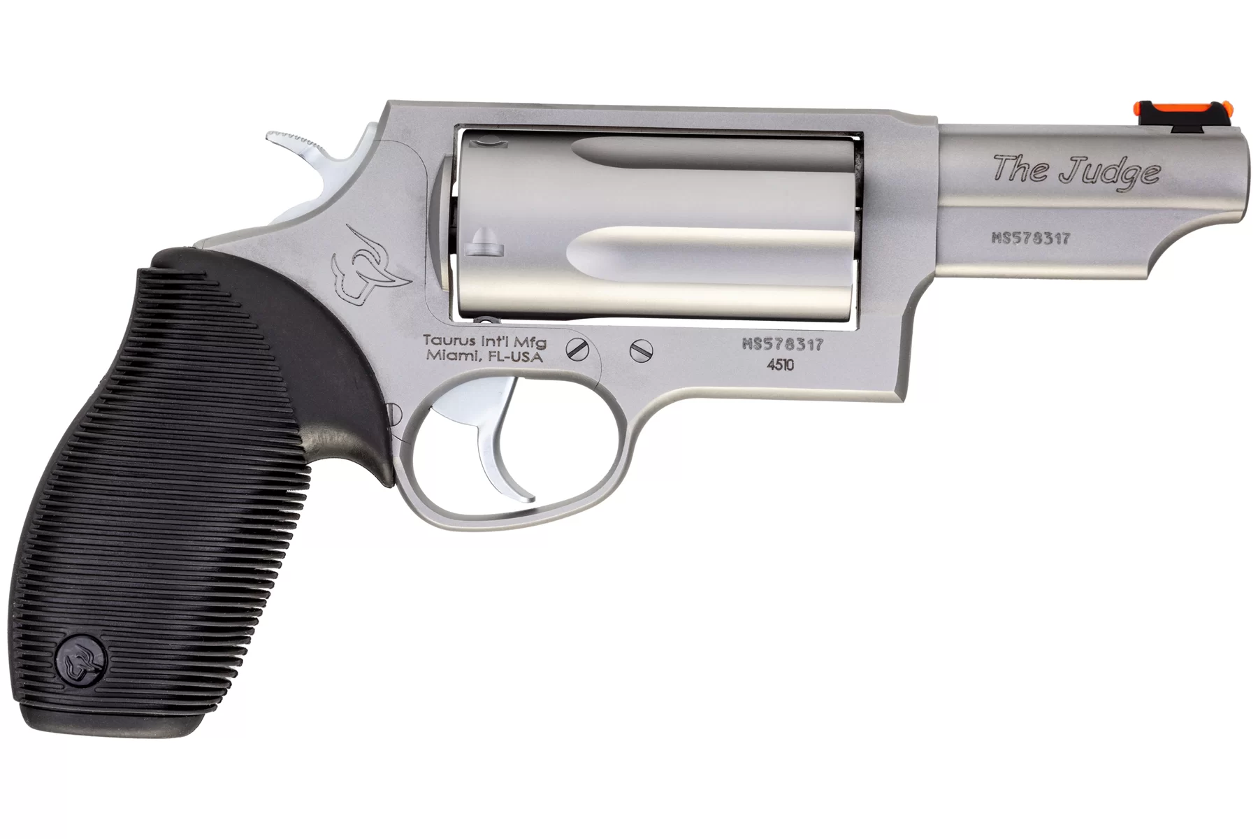 TAURUS JUDGE MAGNUM MATTE STAINLESS RIGHT SIDE VIEW FRONT ANGLE