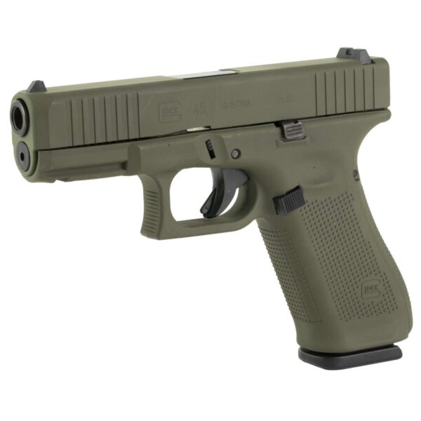 GLOCK 45 GEN5 AUSTRIA SKYDAS CERAKOTE OLIVE DRAB GREEN 9MM FRONT ANGLE LEFT SIDE VIEW