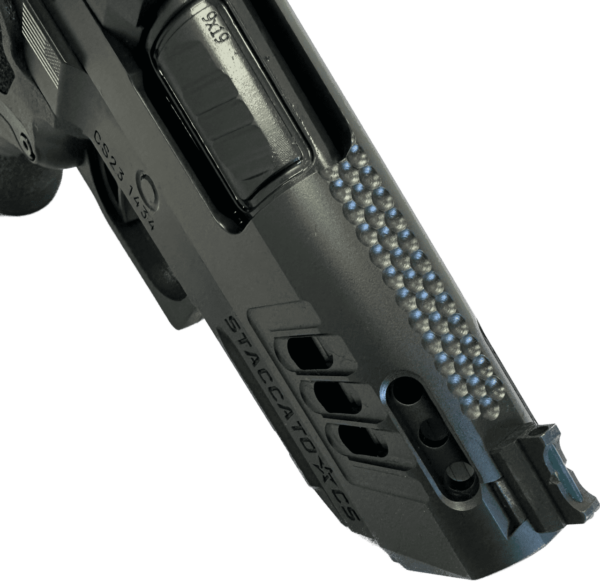 STACCATO CS CUSTOM OPTIC READY V6 PORTED BULL 3.5" BARREL DLC 9MM TOP RIGHT SIDE VIEW FRONT ANGLE PORTING AND MACHINING CLOSE UP
