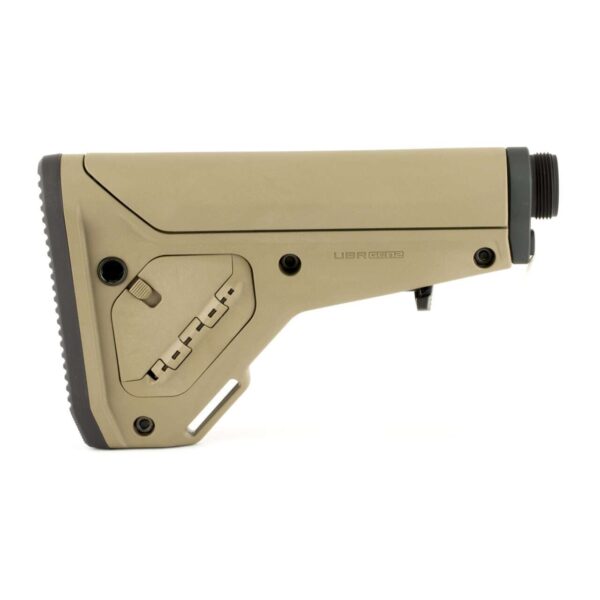 MAGPUL UBR GEN2 COLLAPSIBLE STOCK FDE LEFT SIDE VIEW FRONT ANGLE