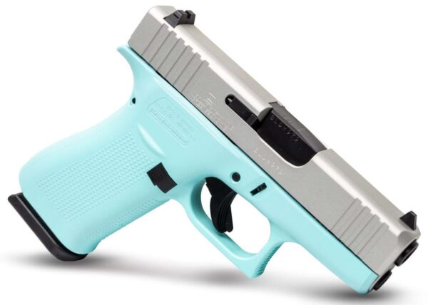 APOLLO CUSTOM GLOCK 43X ROBINS EGG BLUE FRAME SHIMMERING ALUMINUM SLIDE CERAKOTE 9MM RIGHT SDIE VIEW MUZZLE ANGLED DOWN
