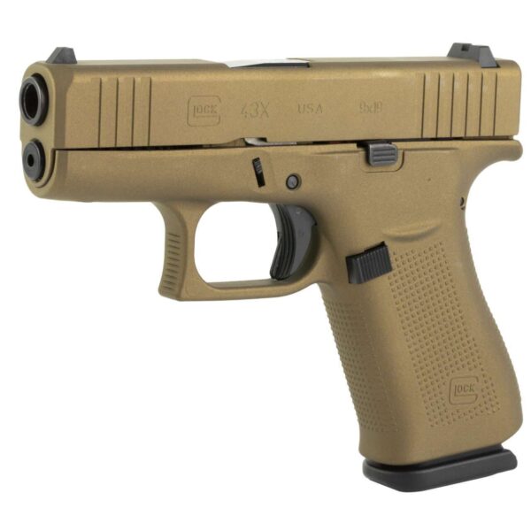 GLOCK 43X SKYDAS BURNT BRONZE 9MM LEFT SIDE VIEW FRONT ANGLE