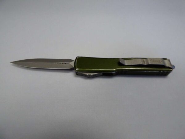 MICROTECH DIRAC DOUBLE EDGE DISTRESSED OD GREEN APOCALYPTIC STANDARD CLIP SIDE