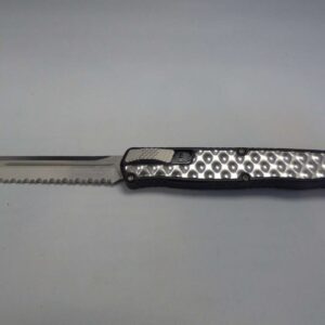 HERETIC KNIVES CLERIC II TANTO EDGE STAINLES STEEL INLAY STONEWASH FULL SERRATED BLADE EDGE DOWN