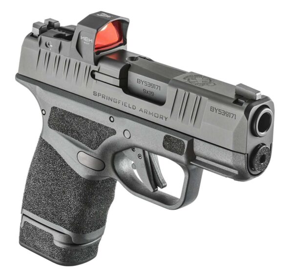 SPRINGFIELD ARMORY HELLCAT OSP WITH WASP OPTIC TOP RIGHT SIDE VIEW FRONT ANGLE EXTENDED MAGAZINE