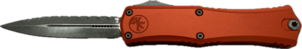 MICROTECH KNIVES MINI HERA II DOUBLE EDGE ORANGE FULL SERRATED APOCALYPTIC BOX/LABEL