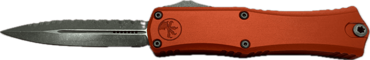 MICROTECH KNIVES MINI HERA II DOUBLE EDGE ORANGE FULL SERRATED APOCALYPTIC BOX/LABEL